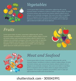 Set of flat design concepts of fruit, vegetable, meat and seafood on colored background