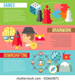 Set of flat design concepts of games, brainwork and downshifting on colored background