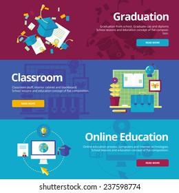 Set of flat design concepts for graduation, classroom, online education. Concepts for web banners and print materials.