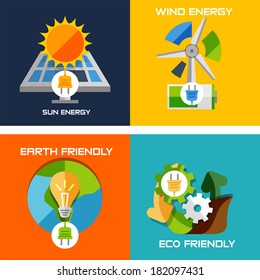 Set of flat design concepts - green energy. Solar panels, windmill, battery, light bulb, nature machine concept