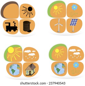 Set of flat design concepts - green energy. Solar panels, windmill, battery
