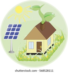 Set of flat design concepts - green energy. Solar panels, windmill, battery, light bulb