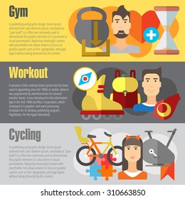 Set of flat design concepts of gym, workout and cycling on colored background