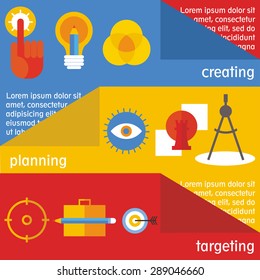 Set of flat design concepts of idea creation, project planning and targeting on colored background