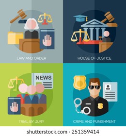 Set of flat design concepts for law and order, house of justice, trial by jury, crime and punishment
