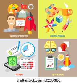 Set of flat design concepts of leadership coaching, creative process, payment, brainstorming on colored background