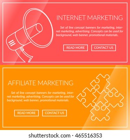 Set of flat design concepts for Marketing, Affiliate Marketing, Internet Marketing, Advertising. Perfect for use in: background, web banner, promotional materials. Vector Illustration