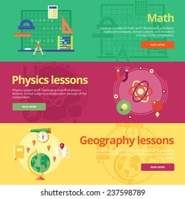 Set of flat design concepts for math, physics, geography. Concepts for web banners and print materials.