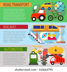 Set of flat design concepts of motor and railway transport on colored background