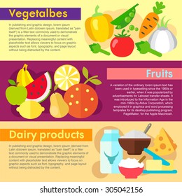 Set of flat design concepts of nutrition elements, including vegetables, fruits and dairy products on colored background