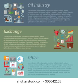 Set of flat design concepts of oil industry, exchange, office on colored background