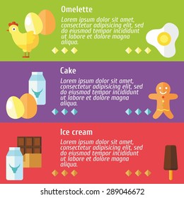 Set of flat design concepts of omelet, cake, ice cream ingredients on colored background
