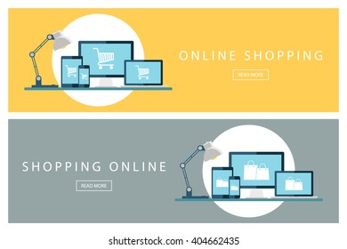 Set of flat design concepts of online shopping. Banners for web design, marketing and promotion. Presentation templates. Vector illustration.