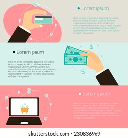 Set of flat design concepts - payment online. Cash, shopping online and credit card. Concepts for web banners and promotional materials