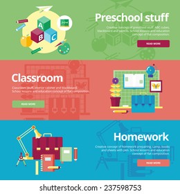 Set of flat design concepts for preschool, classroom and homework. Concepts for web banners and print materials.