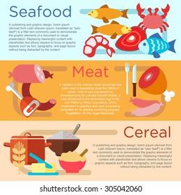 Set of flat design concepts of product types, including seafood, meat and cereal on colored background