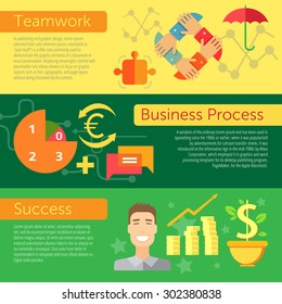 Set of flat design concepts of profitable business elements, including teamwork, business process and success on colored background