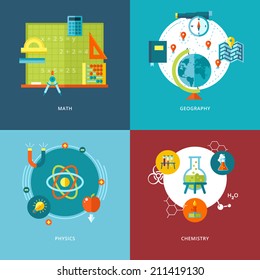 Set of flat design concepts of school subjects icons for mobile apps and web design. Icons for math, geography, physics and chemistry.