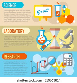 Set of flat design concepts of science, laboratory work and research on colored background