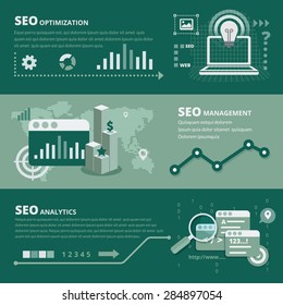 Set of flat design concepts for SEO optimization, SEO management, SEO analytics. Concepts for web banners template. Vector Illustration.