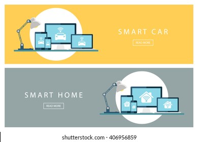 Set of flat design concepts Smart car and Smart home. Internet of things. Banners for web design, marketing and promotion. Presentation templates. Vector illustration.
