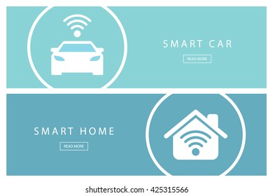 Set of flat design concepts Smart car and Smart home. Internet of things. 