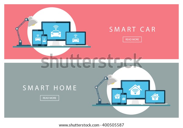 Set of flat\
design concepts Smart car and Smart home. Internet of things.\
Banners for web design, marketing and promotion. Presentation\
templates. Vector\
illustration.