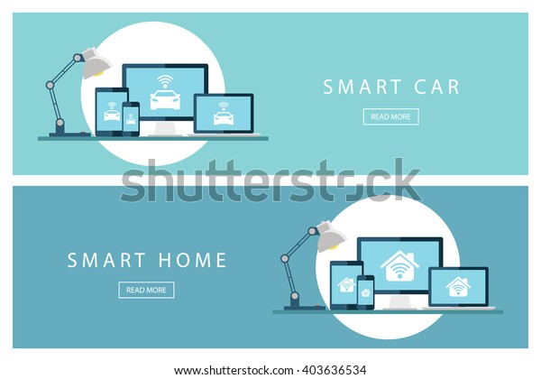 Set of flat\
design concepts Smart car and Smart home. Internet of things.\
Banners for web design, marketing and promotion. Presentation\
templates. Vector\
illustration.