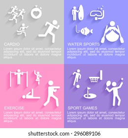 Set of flat design concepts of sport activities, including, cardio workout, exercising, water sport and sport games on colored background