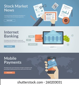 Set of flat design concepts for stock market news, internet banking and mobile payments. Concepts for web banners and printed materials.