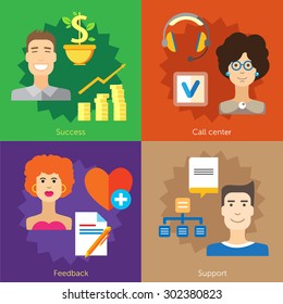 Set of flat design concepts of success, call center, client support and feedback on colored background