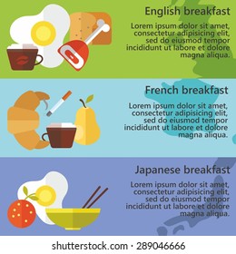 Set of flat design concepts of traditional English, French and Japanese breakfast on colored background