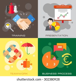 Set of flat design concepts of training, presentation, teamwork and business process on colored background