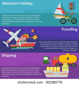 Set of flat design concepts of transport using, including going on holidays, travelling and shipping on colored background