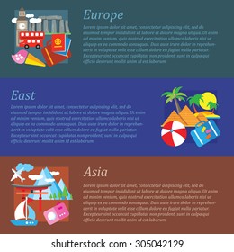 Set of flat design concepts of travelling destinations, including Europe, Asia, East on colored background