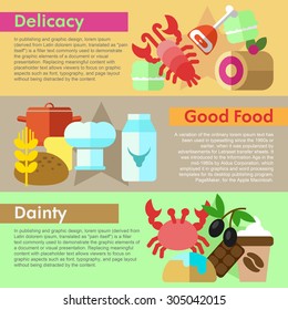 Set of flat design concepts of types of food, including delicacy, good food and dainty on colored background
