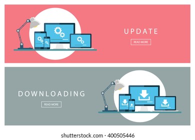 Set of flat design concepts Update and Downloading technology. Install new software, operating system. Banners for web design, marketing and promotion. Presentation templates. Vector illustration.