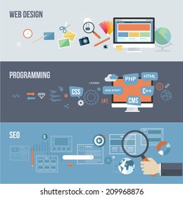 Set of flat design concepts for web development. Concepts for web design, programming and SEO.