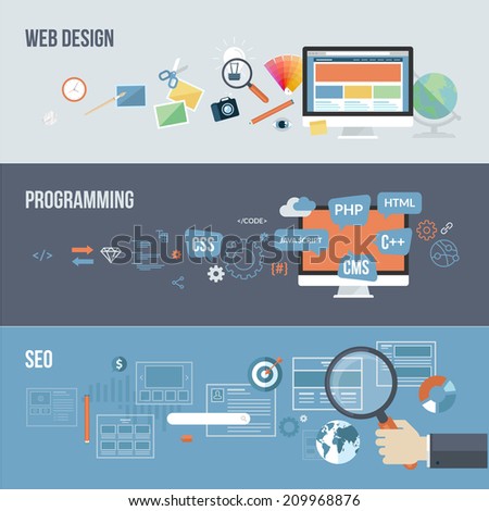 Set of flat design concepts for web development. Concepts for web design, programming and SEO.