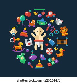 Set of flat design cute baby vector icons
