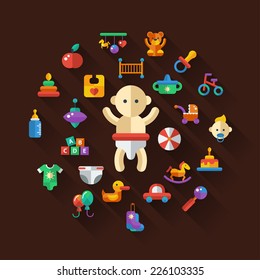 Set of flat design cute baby vector icons