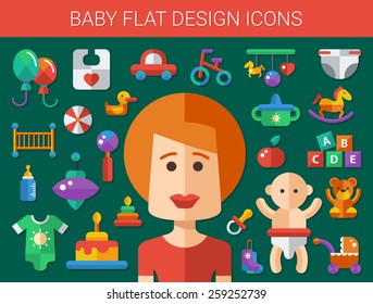 Set of flat design cute baby vector icons 