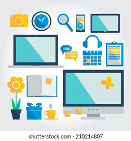 Set of flat design display; laptop; tablet computer and mobile phone template. Vector illustration.