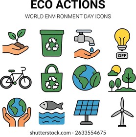 Set of flat design eco icons for World Environment Day. Perfect for eco-friendly projects, environmental campaigns, websites, or infographics.