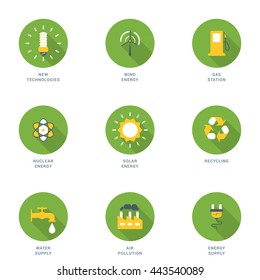Set of Flat Design Ecology Icons With Long Shadow. New Technologies, Wind Energy, Gas Station, Nuclear Energy, Solar Energy, Recycling, Water Supply, Air Pollution, Energy Supply. Vector Icons