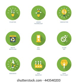 Set of Flat Design Ecology Icons With Long Shadow. Planting, Green Technology, Innovation, Waste Recycling, Bio Fuel, Clean Air, Research, Eco Industry, Save the Planet. Vector Icons