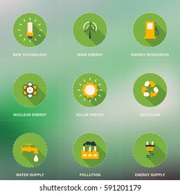 Set of Flat Design Ecology Icons With Long Shadow. New Technology, Clean Energy, Recycling, Pollution, Water and Energy Supply