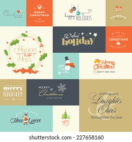 Set of flat design elements for Christmas and New Year greeting cards and labels, web badges and banners, and printed materials   