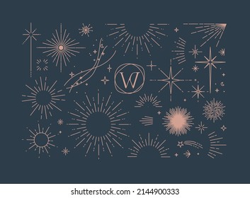 Set of flat design elements sun, sunset, sunbeams, stars borders, frame in modern line drawing with brown color lines on blue background