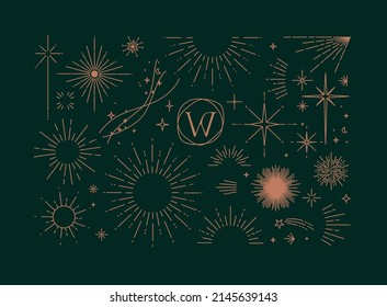 Set of flat design elements sun, sunset, sunbeams, stars borders, frame in modern line drawing with brown color lines on green background